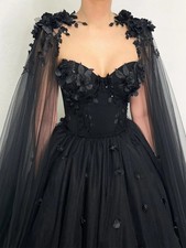 Black Wedding Dress Sleeveless Pearls Flowers A Line Tulle Bridal Gown with Cape