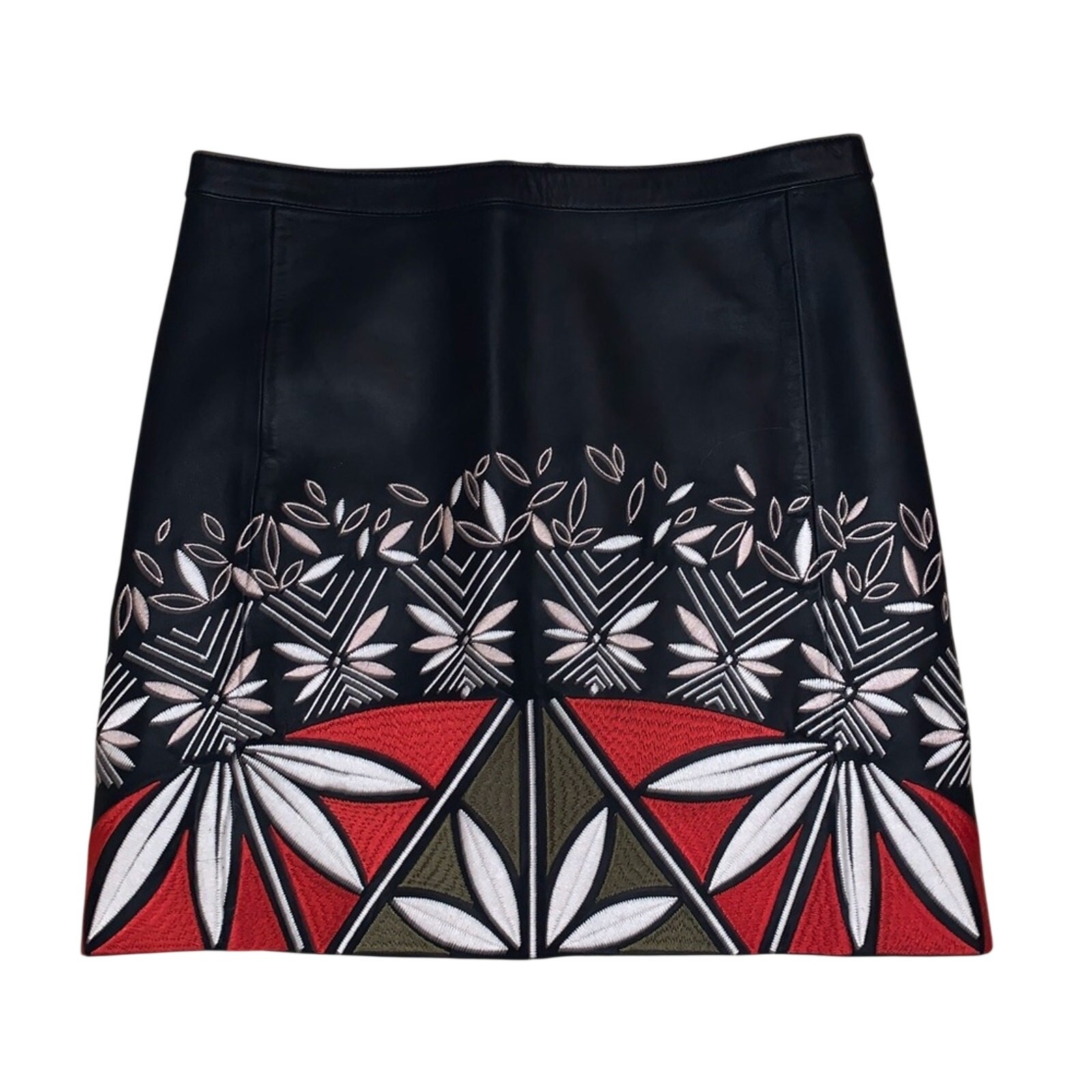 NEW Tory Burch Navy, Red White Leather Embroidered Skirt marked 2, Fits  27 / S thumbnail 5