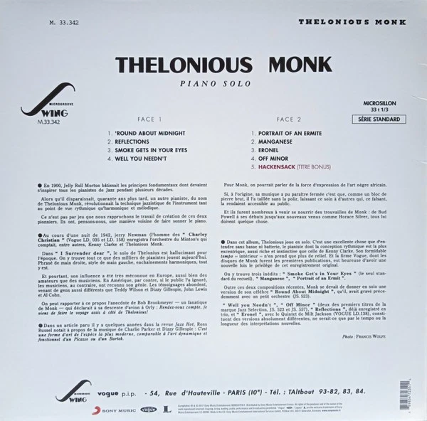 Thelonious Monk - Piano Solo (LP, RE, RM) (Very Good Plus (VG+)) - Image 2 of 4