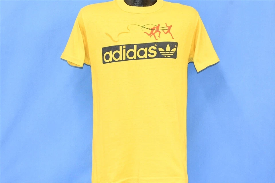 vintage 80s ADIDAS TREFOIL LOGO RUNNING FINISH LINE RACE YELLOW t-shirt MED M - Image 2 of 4