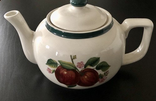 Casuals by China Pearl Apples & Flower Blossom Teapot Cream Green Red - Picture 2 of 5