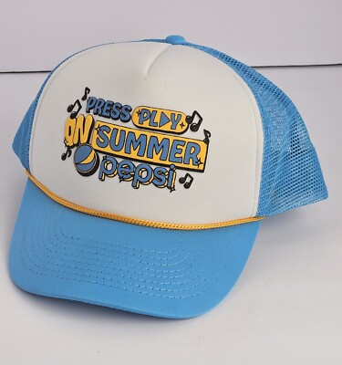 Pepsi Trucker Hat Press Play On Summer Throwback Rope Mesh Snapback Cap Blue Yel