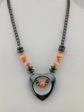 NEW OLD STOCK Hematite peach cats eye beads heart design pendant necklace