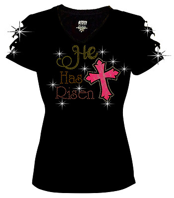 Bling Rhinestones He Has Risen & Cross Pink Easter T-Shirt Ripped Cut Out S~4XL