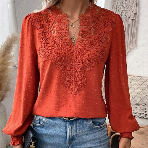 Womens Sexy Lace V Neck Top Tunic Tops Ladies Long Sleeve T Shirt Blouse Tee - Picture 29 of 31