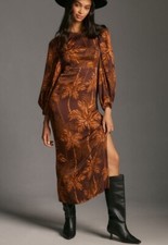 Anthro Farm Rio Long-Sleeve Low-Back Printed Midi Dress. Sz L. MSRP $228