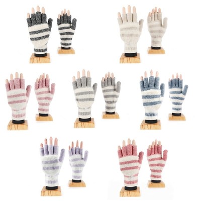 Striped Pattern Glove Plush Fingerless Mittens with Knitted Gloves