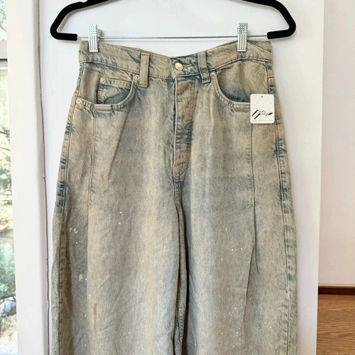 NWT Free People Old West Slouchy Jeans Wide Leg Denim We The Free Blue Tan Sz 27 - Picture 4 of 16