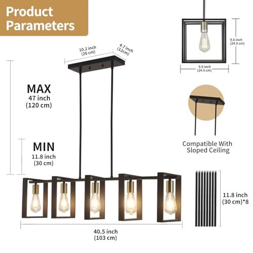 5-Light Rustic Black Metal Rectangular Pendant Lighting,Farmhouse Kitchen - Picture 5 of 8