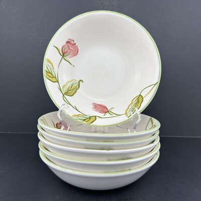 Block GARDEN ROSE Cereal / Soup Bowls (6) Pink Flowers Hand Painted MINT Cond.