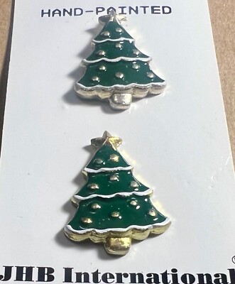 Pretty JHB Card of 2 CHRISTMAS TREES  Metal Realistic HP Buttons 1 1/8  ORNAMENT