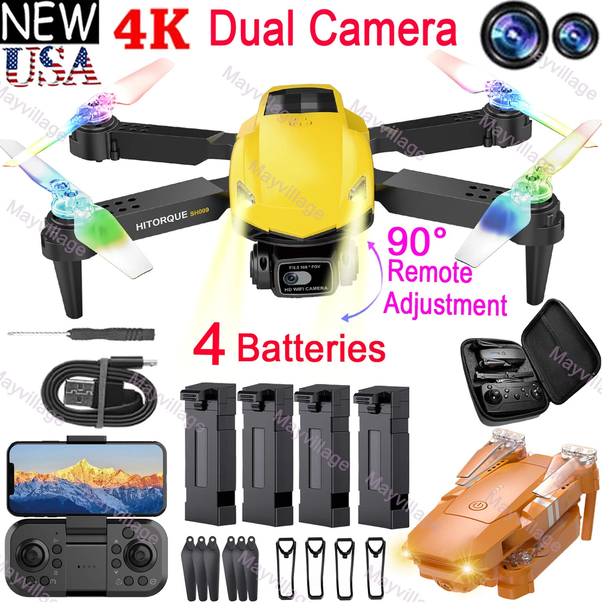 Dron Cuadricóptero Con Doble Cámara 4k, 2 Baterías