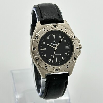 Vintage Unisex LUSIMA 18k White Gold Electroplated Watch, Black Leather, 37mm