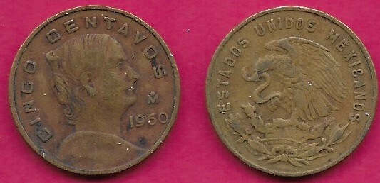 MEXICO 5 CENTAVOS 1960 VF-XF JOSEFA ORTIZ DE DOMINGUEZ PORTRAIT TO