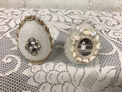 PAIR ANTIQUE VTG EMBELLISHED GLASS EGGS WITH BLACK & WHITE PHOTOS 2 3/4  TALL 
