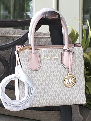 MICHAEL KORS MERCER MEDIUM CROSSBODY MESSENGER BAG MK VANILLA LOGO PINK BLUSH