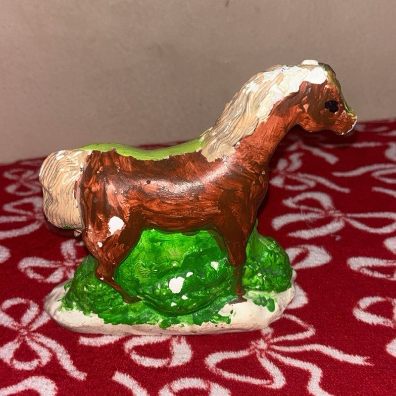 Ceramic Horse Figurine Brown & White Painted Design on Green Base Decor