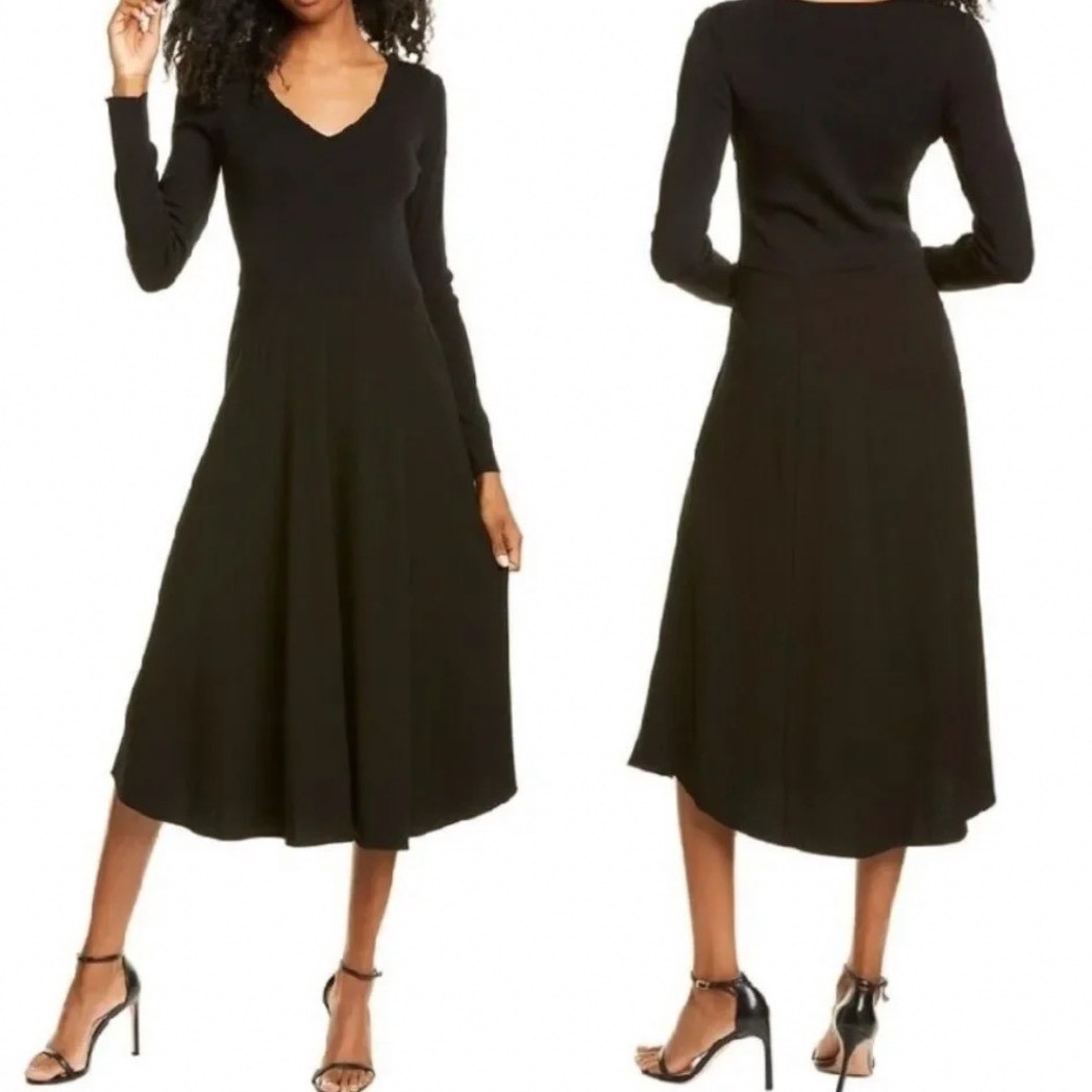 Vince Black Long Sleeve V-Neck Knit Midi Dress Fit and Flare Size L