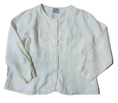 FLAX 100% Linen Buttoned Jacket Sz L Ivory Lagenlook Minimalist Chic Refined