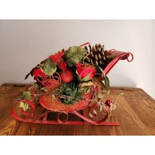 Vtg Red Metal Christmas Sleigh Centerpiece Table Top Display