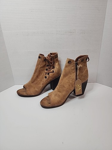 93 Vintage Damen 7,5 Schnürstiefel offene Zehenpartie, hellbraun veganes Leder mit seitlichem Reißverschluss - Bild 1 von 6