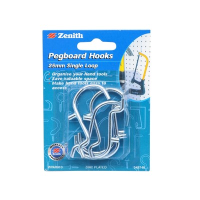 Zenith 25mm Zinc Plated Single Loop Pegboard Hook - 6 Pack