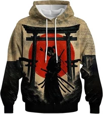 3D Samurai Torii Gate Hoodie Japanese Red Sun Warrior Ink Art Style