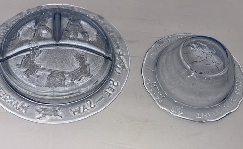 Baby CHILD Glass Blue NURSERY RHYME 2 Pc DISH SET Plate Bowl Mother Goose NICE - Picture 5 of 5