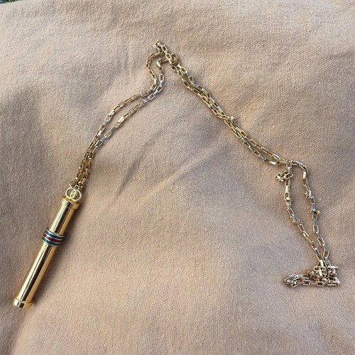 Vintage Gucci Golden Stick Perfume Bottle Necklace Webbing Green Red Sherry Line - Picture 10 of 10