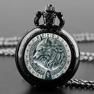 Black Wolf Pocket Watch   Full Hunter Case Quartz Watch with Chain