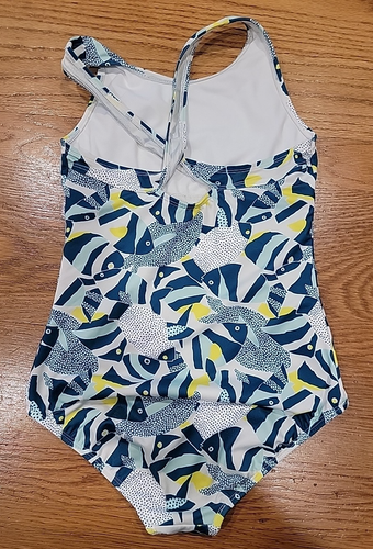 LANDS END GIRLS ONE PIECE SWIMSUIT SIZE FISH WHITE BLUE YELLOW SIZE 12 - Picture 2 of 3