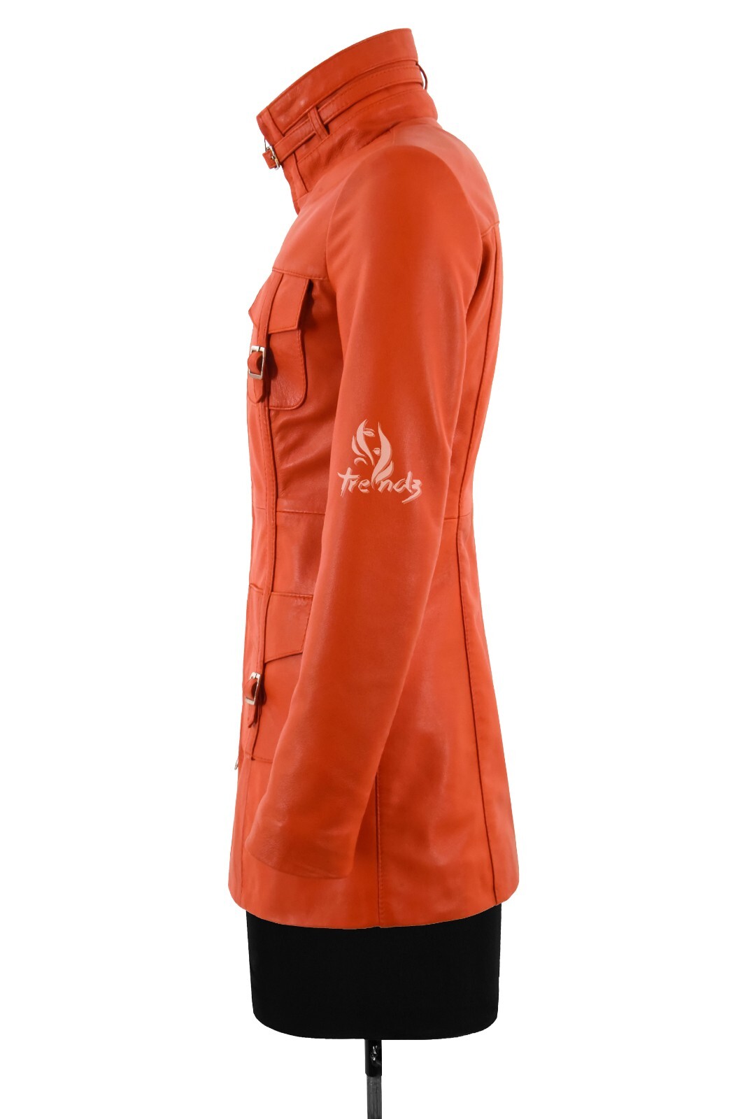 ALTRA Giacca Donna In Pelle Cerniera Arancione Lunghezza Media Slim Fit Stile Casual Cappotto