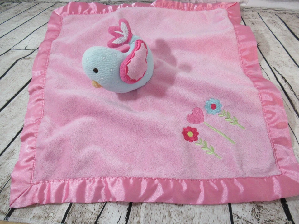 Circo Rosa Azul Pájaro Bebé Manta de Seguridad Flores Satinado Lovey Foto 4 de 4