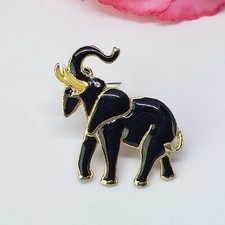 Vintage Enamel with Rhinestone Eyes Elephant Brooch Black & Gold Tone Pin.