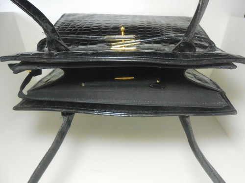 Large Rowena Paris / Milano Black Leather Alligator Embossed Birkin Purse - Picture 7 of 12