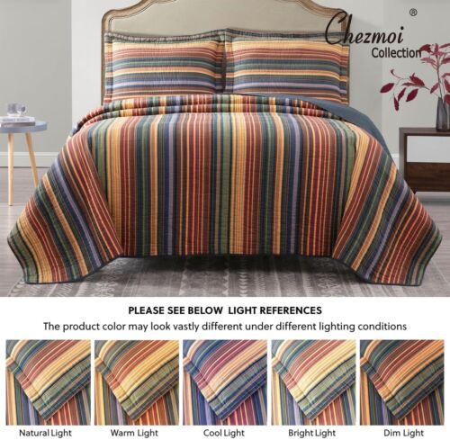 Chezmoi Collection Avery 3-piece Multi-Color Striped 100% Washed Cotton Quilt... - Picture 5 of 9