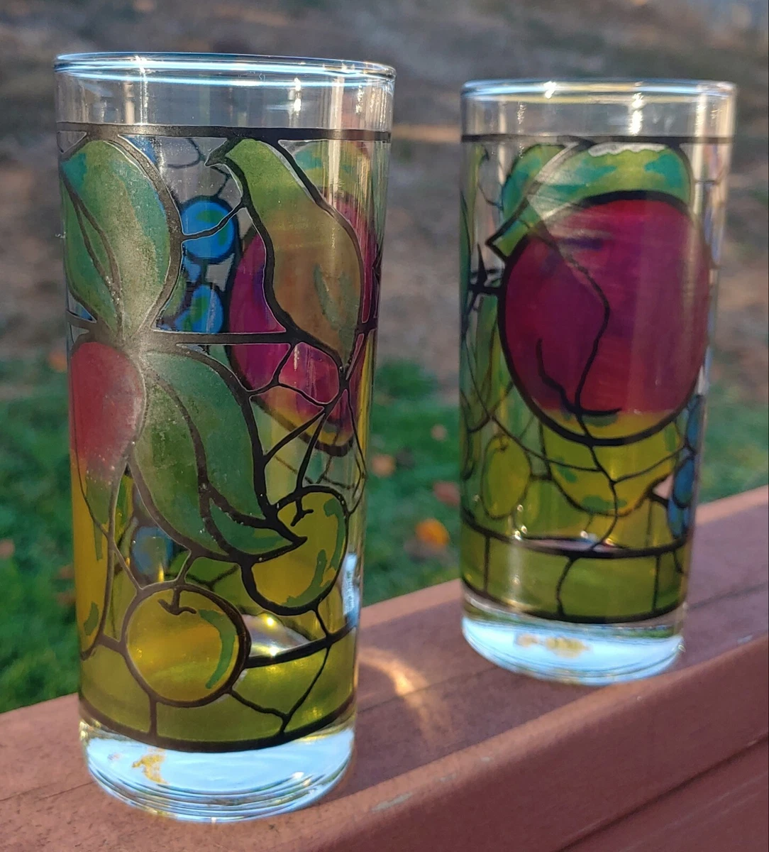 Set of 2 Vintage Libbey Stained Glass Drinking Glasses Fruit Design 16 oz