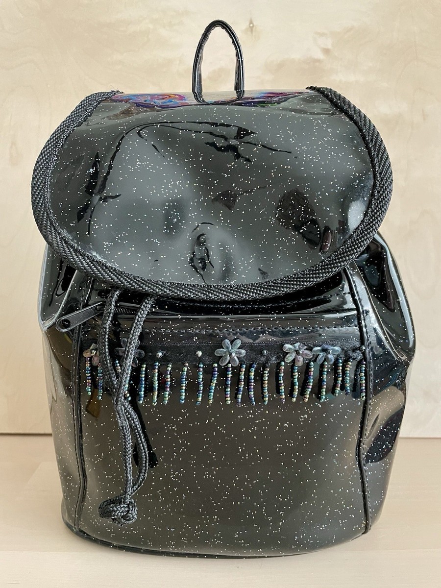 Vintage Y2K Lisa Frank Black Glitter Backpack Beaded Fringe Mini