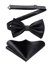 Bow Ties for Men Solid Color Pre-Tie Bow Tie and Pocket Square Set B-black 2
