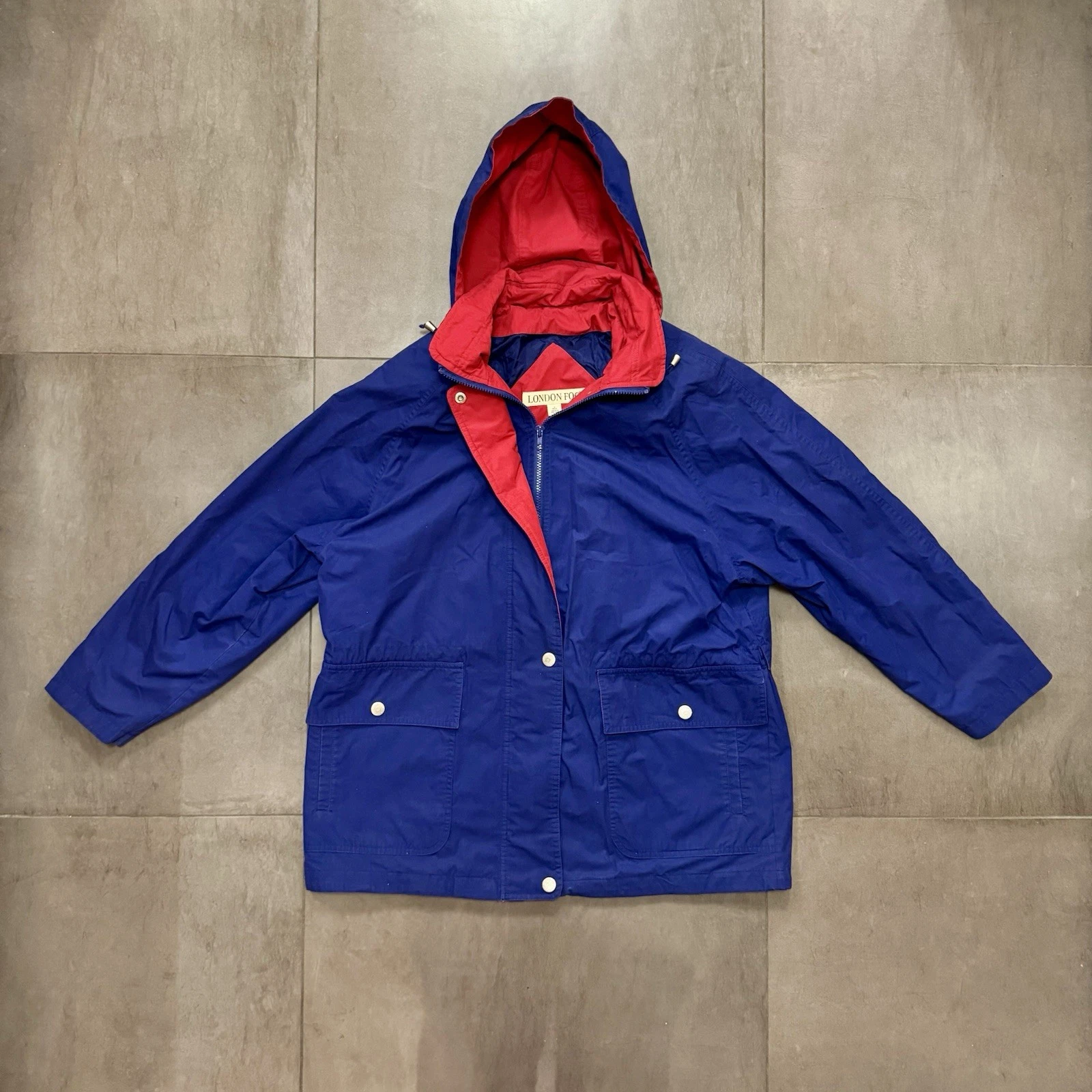 Vintage London Fog Blue Jacket, Men’s Size Large, Roll Away Hood Windbreaker