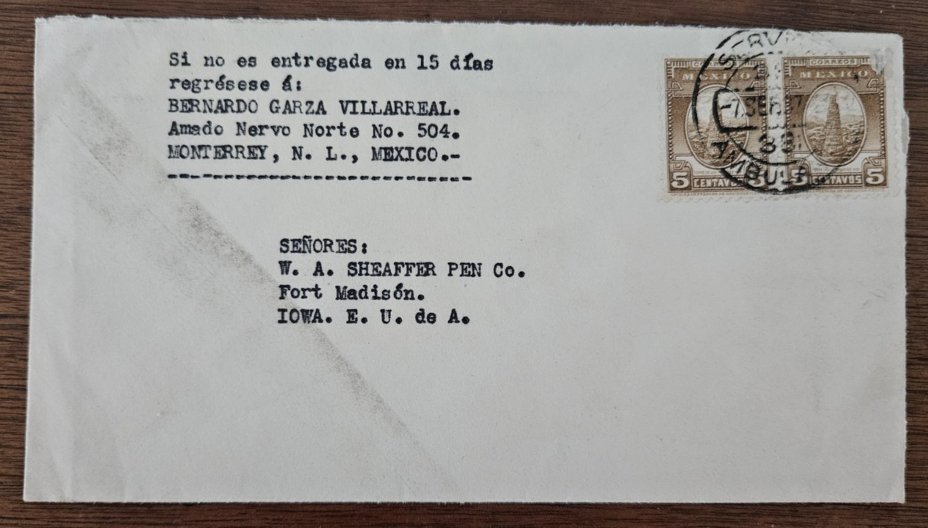 1937 Servicio Ambulante Mexico to USA Cover 2 x 5 cent stamps to Ft. Madison, IA