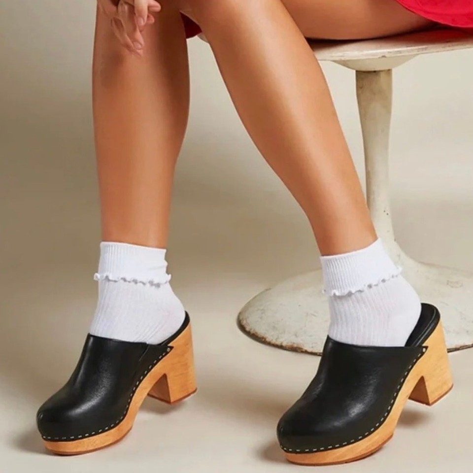 Charlotte Stone Marlo Clogs Black Leather Platform Heel Slip On Size 8