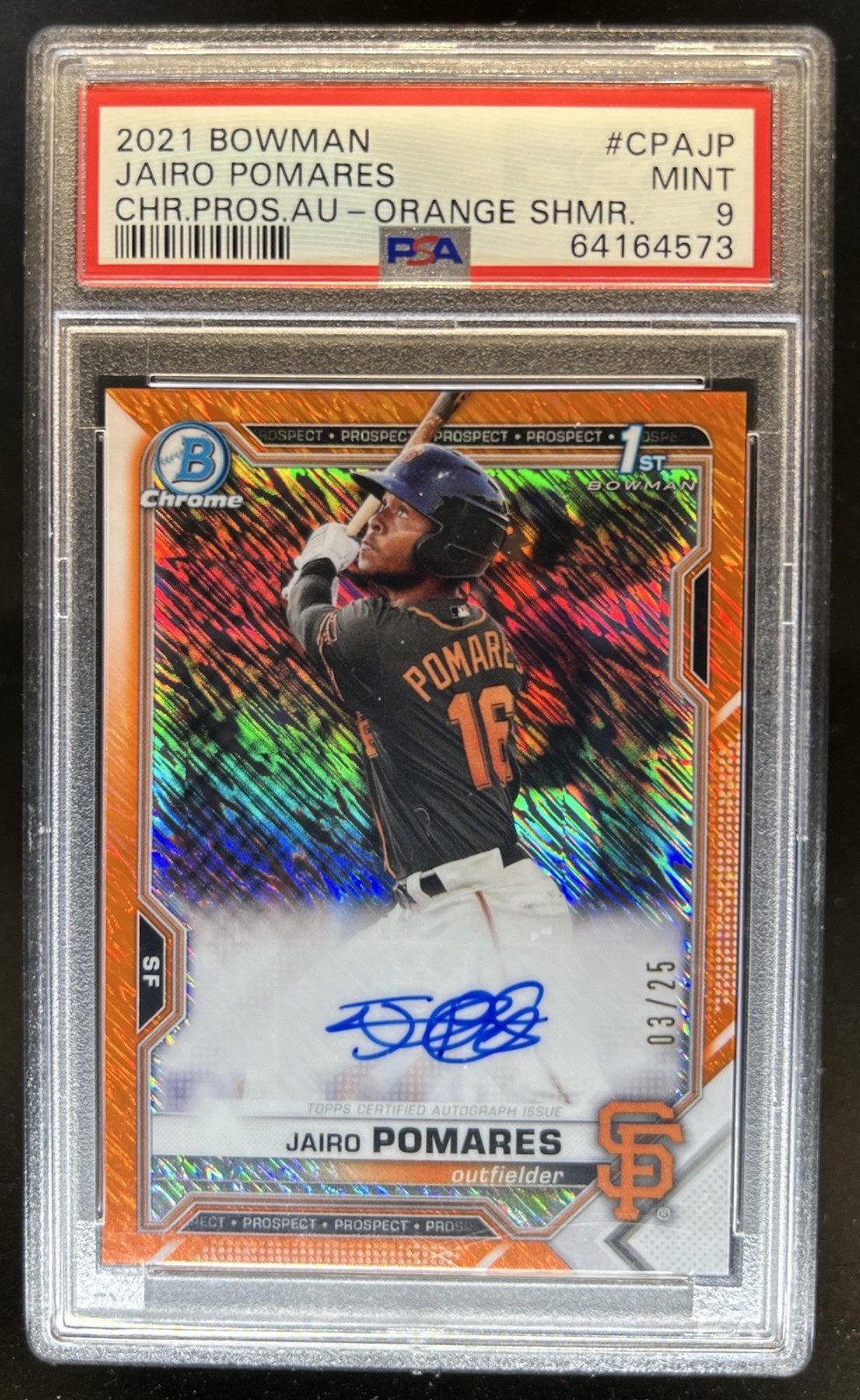 2021 Bowman Jairo Pomares Chrome Auto Orange Shimmer Refractor 1st #/25 PSA 9