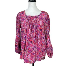 Rebecca Taylor 4 Purple & Pink Floral 100% Silk Pleated Ruffle Flowing Blouse