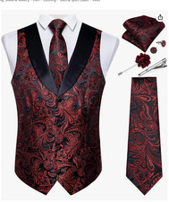 DiBanGu Men Paisley Suit Vest Silk Jacquard Waistcoat Necktie Set, L, Black red