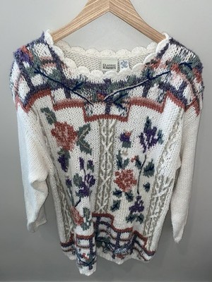 Classic Elements White Floral Embroidered Knit Pullover Sweater Women s Large