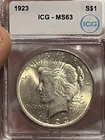1923 Silver Peace Dollar MS63  ICG TONNER Very Nice