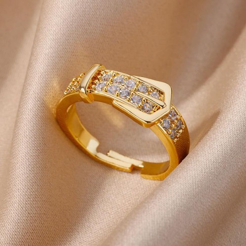 Gold Buckle Zircon Adjustable Ring Elegant  Trendy Women Fashion Jewelry Gift - Afbeelding 1 van 24