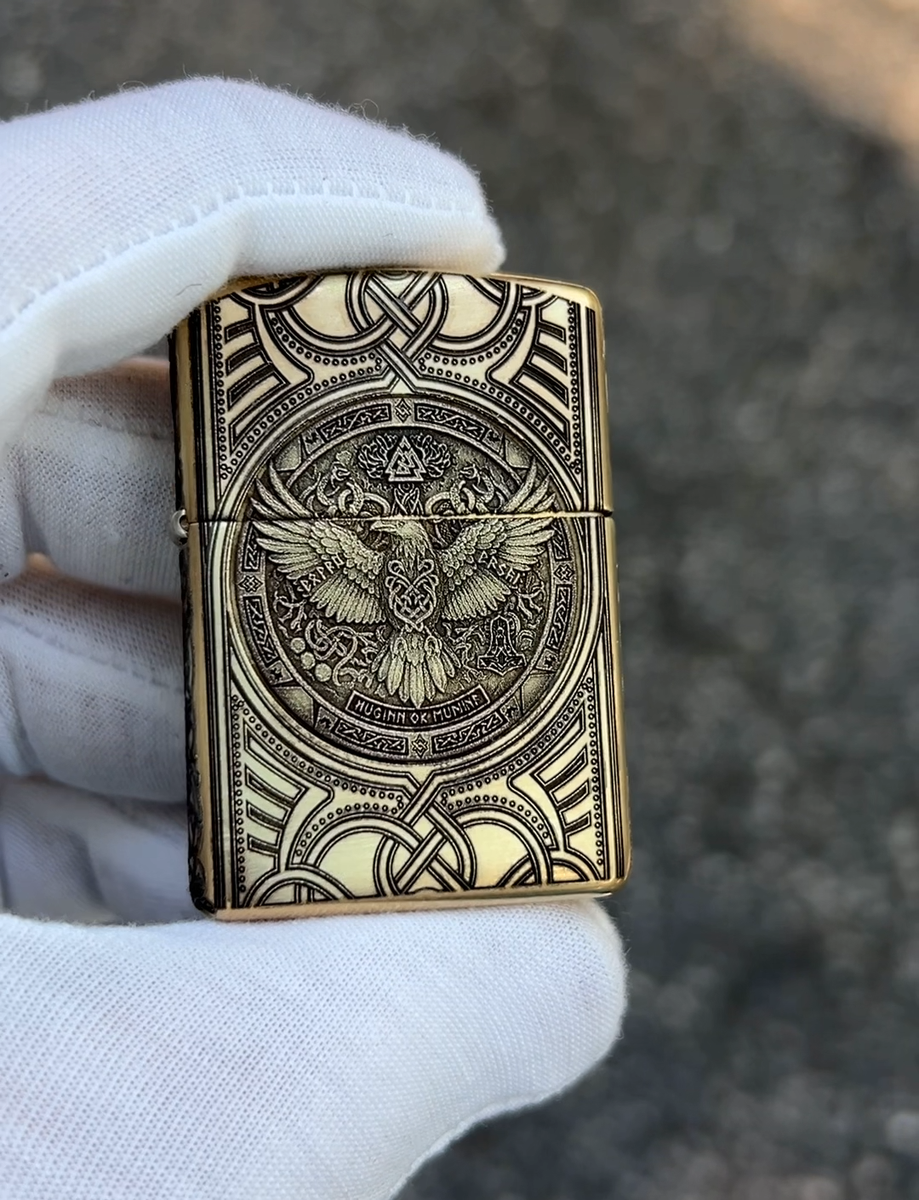 Custom Brass Armor Zippo Lighter | Norse Engraving Odin's Raven