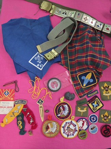 Vintage Lot of BSA Scouting Cub Scout Webelos Ribbons Patches Pins Scarfs Belts